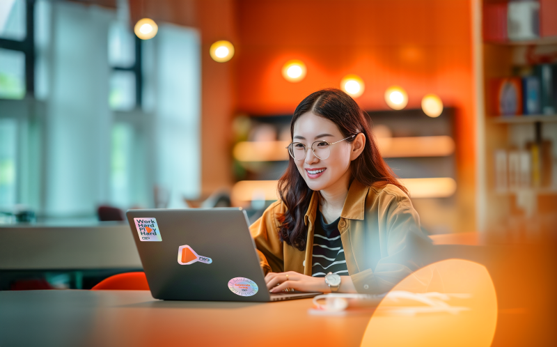 Wanita muda mengklaim asuransi pada laptopnya di kantor sebelah jendela saat matahari terbenam